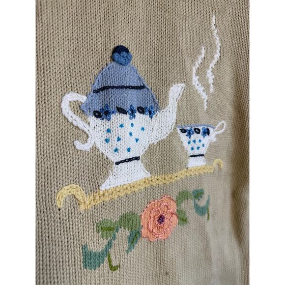 Vintage Storybook Knits Handknit Tea Party Cardigan Sweater M Embroidery - Picture 10 of 10